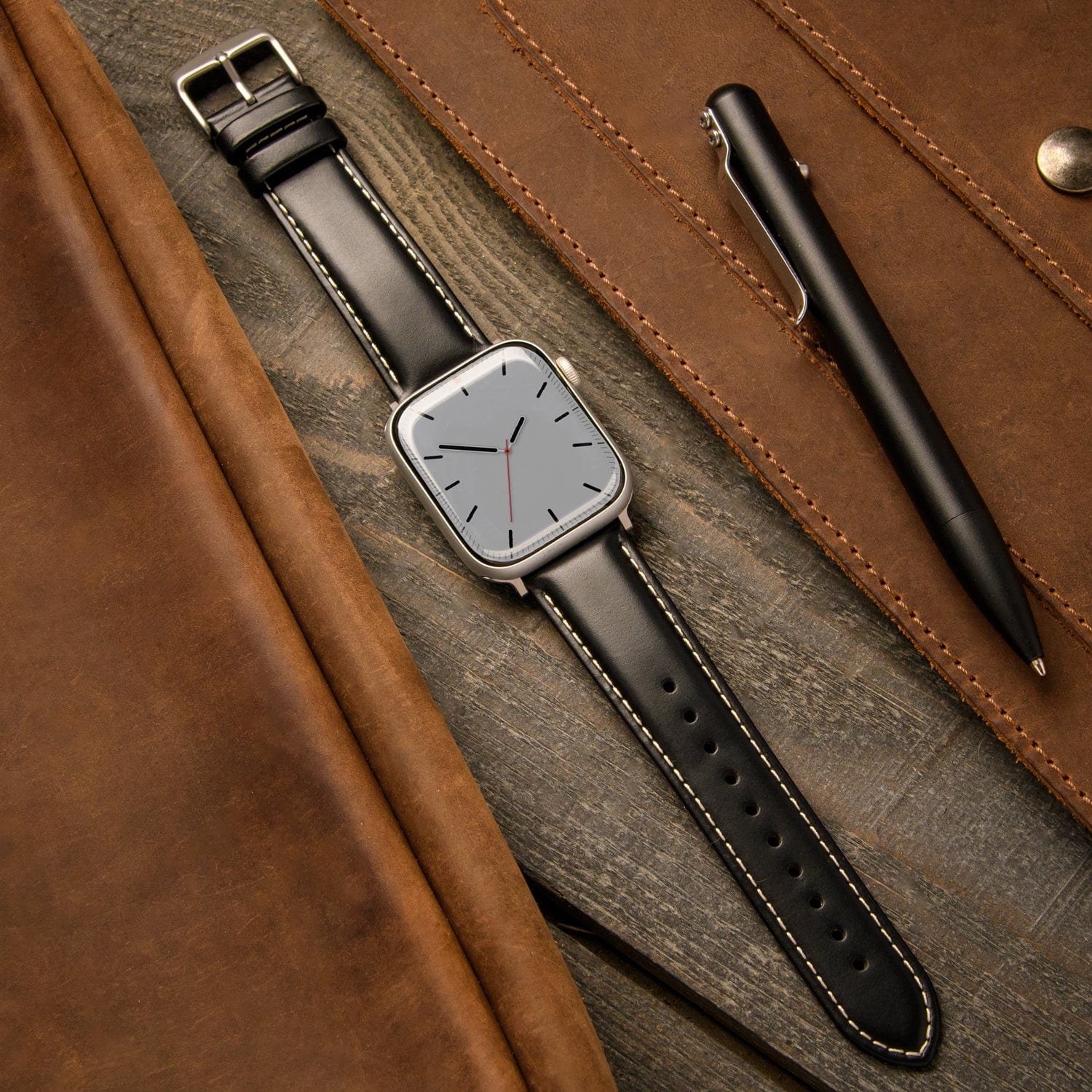 Apple Watch Leather Watch Band - Black/Natural/Silver Aluminum - Image 3
