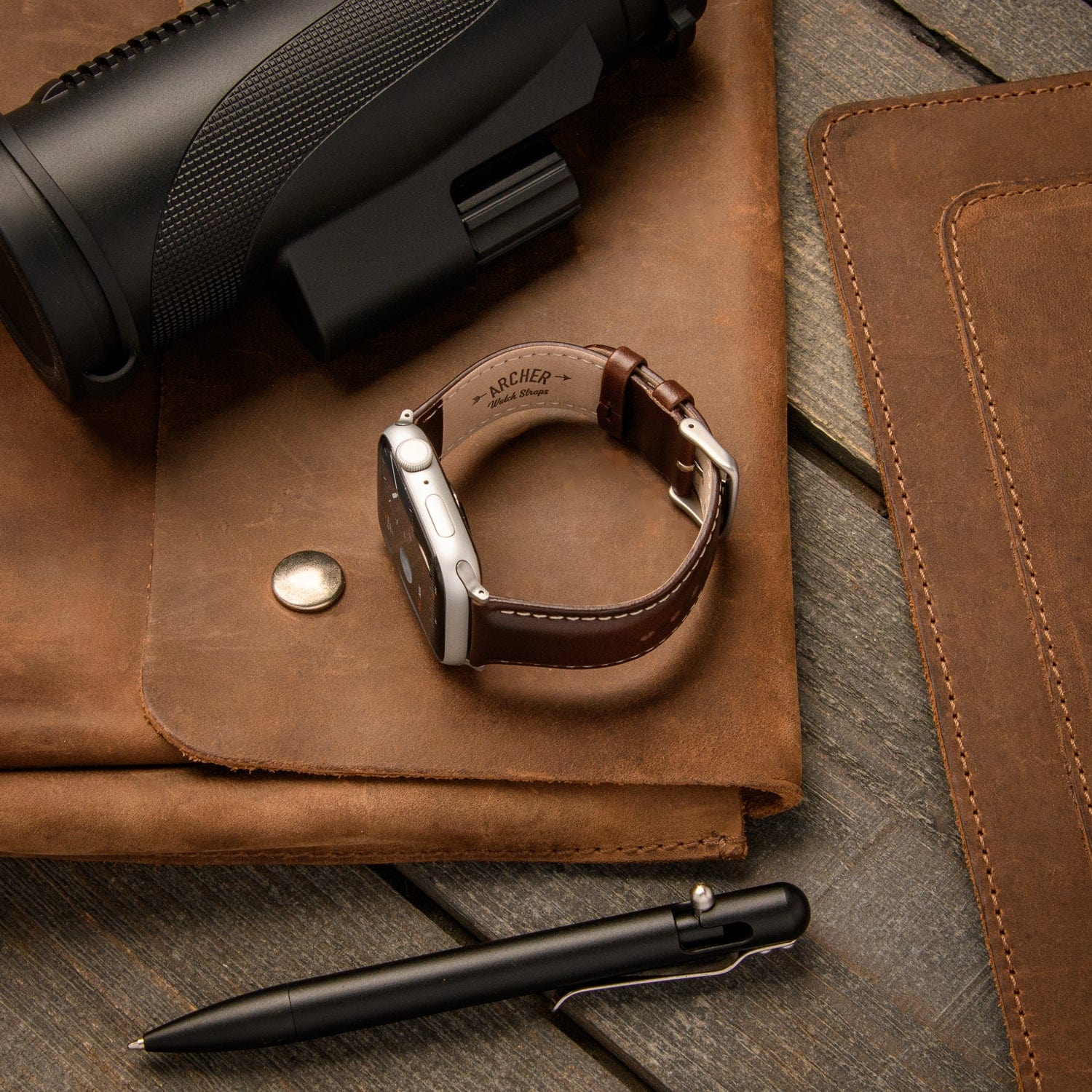 Apple Watch Leather Watch Band - Dark Chestnut/Natural/Silver Aluminum - Image 2