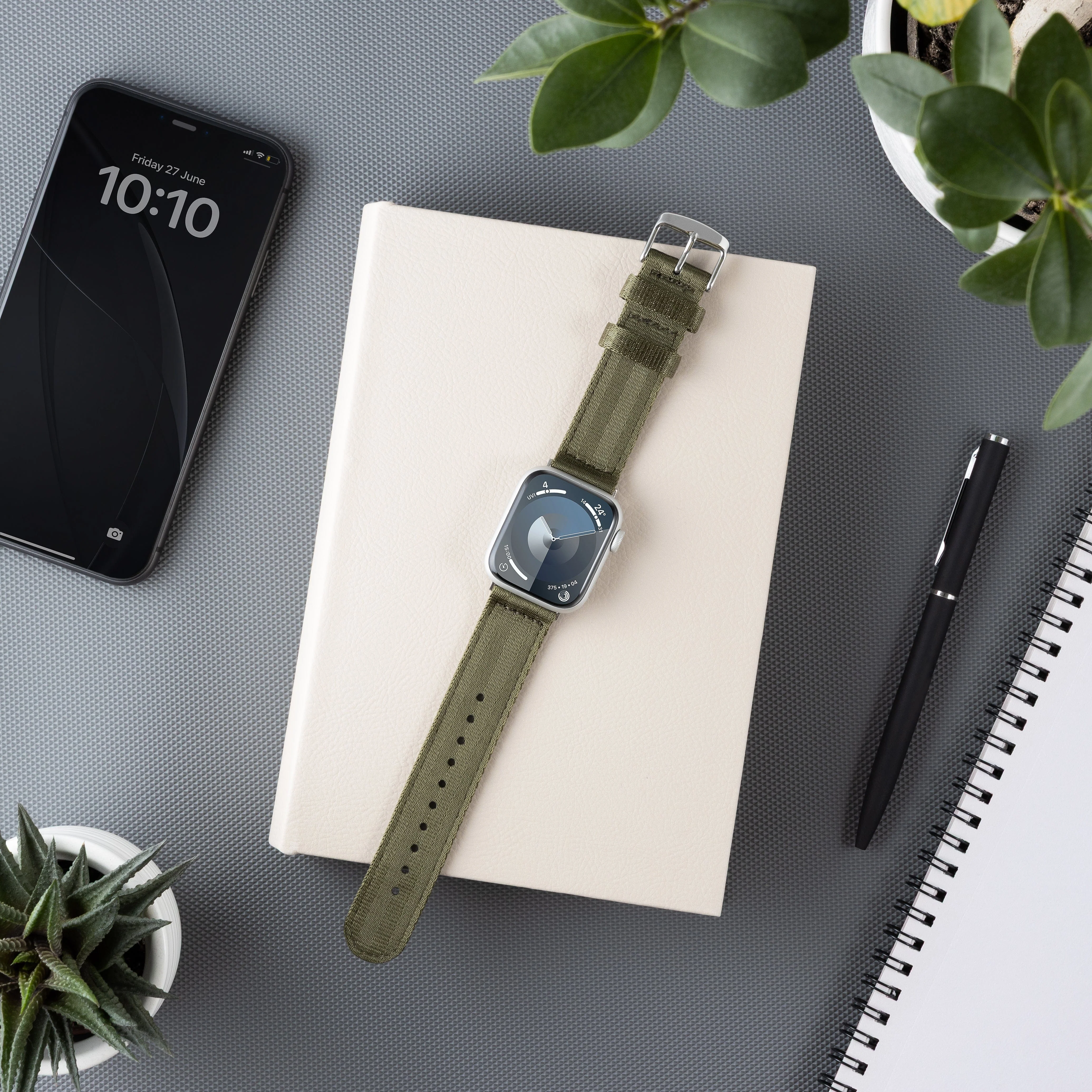 Apple Watch Seat Belt Nylon Watch Band - Olive/Stainless - Image 2