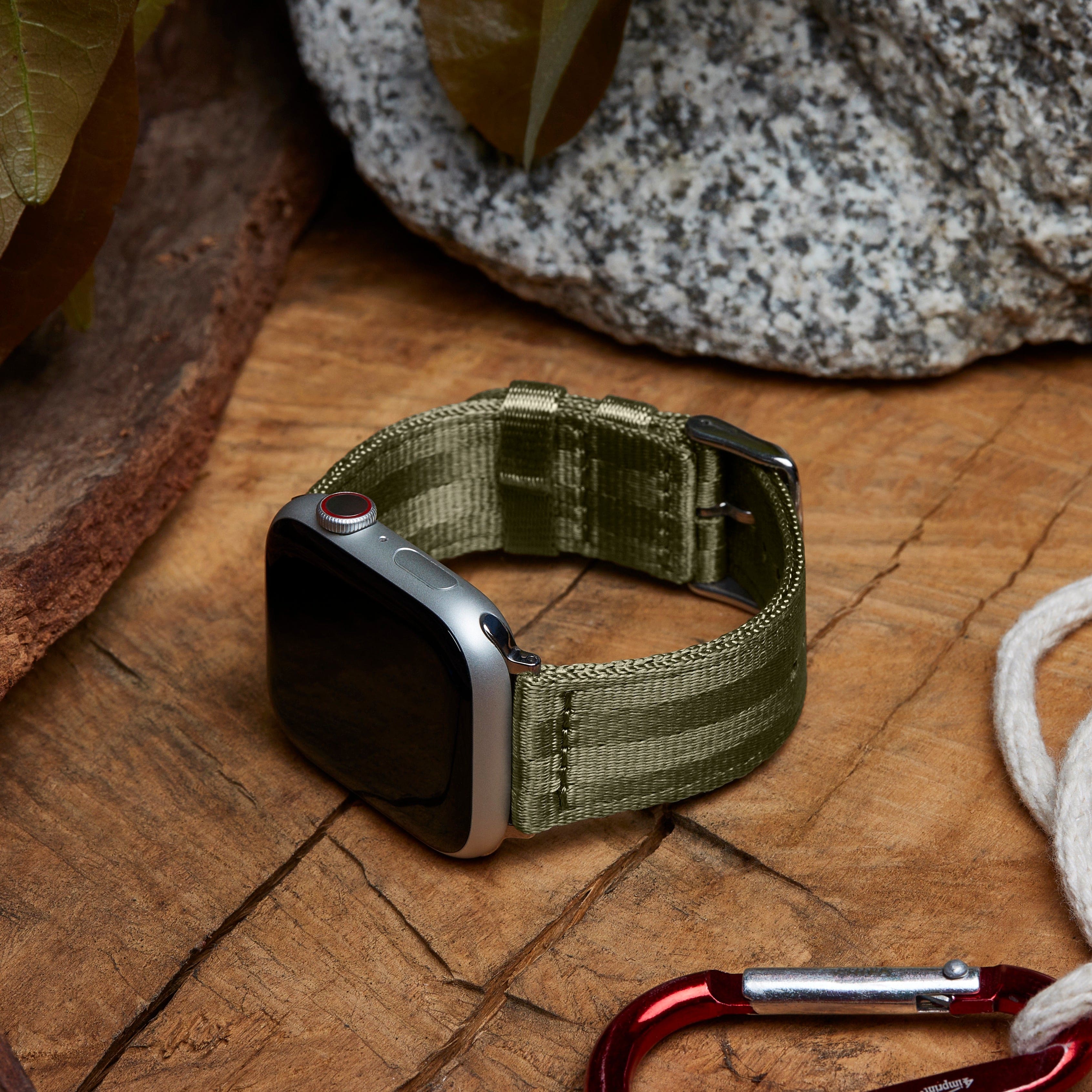 Apple Watch Seat Belt Nylon Watch Band - Olive/Stainless - Image 3