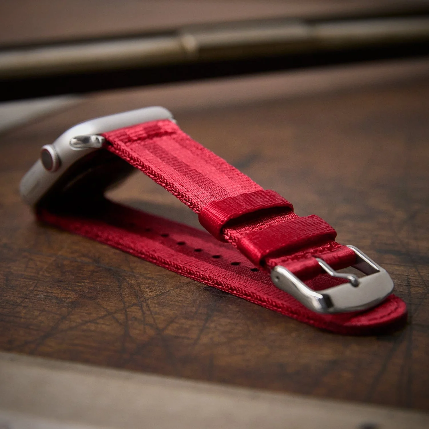 Apple Watch Seat Belt Nylon Watch Band - Red/Stainless - Image 3