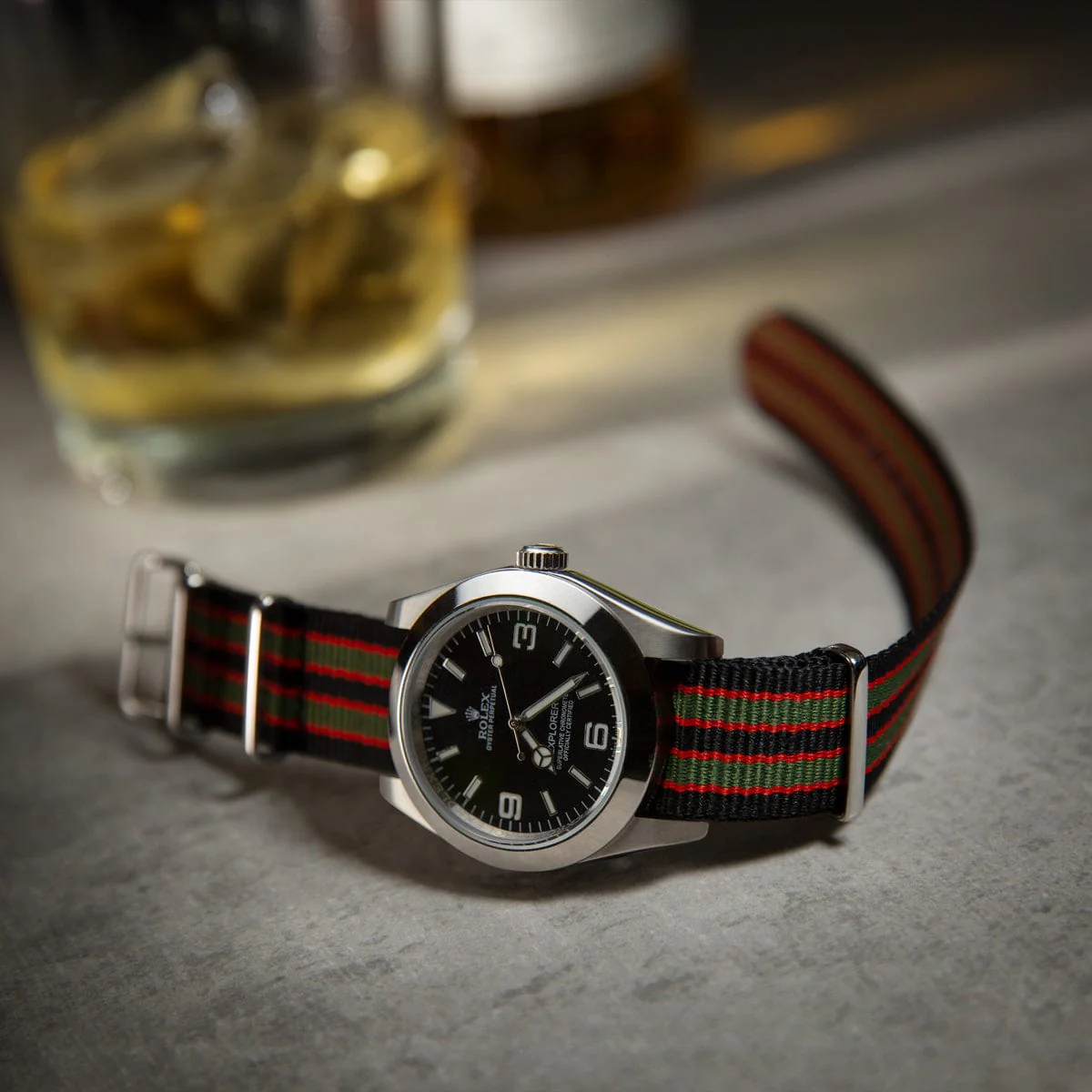 Classic Military Style Nylon Watch Band - Black/Red/Green (Vintage Bond) - Image 2