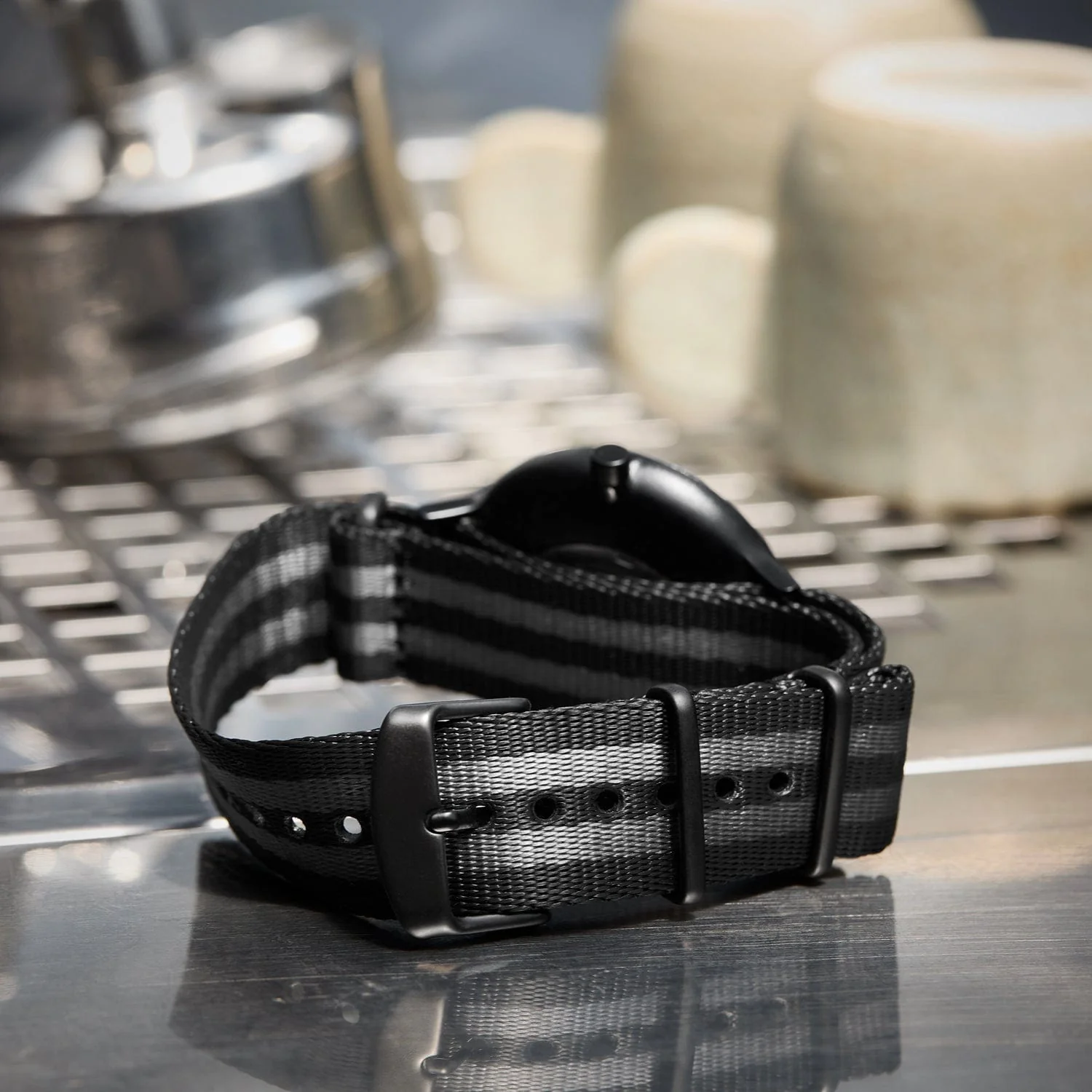 Seat Belt Nylon Military Style Watch Band - Black and Gray, Black Hardware - Image 3